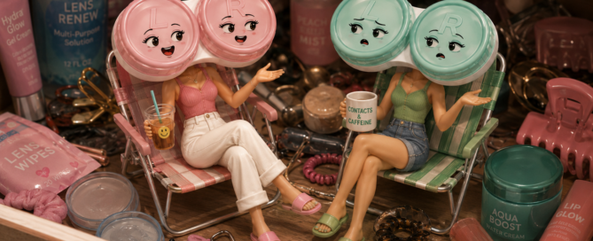 Cartoon contact lens case characters in a cluttered bathroom drawer discussing lost contact lens vial information and the need for better contact lens organization.